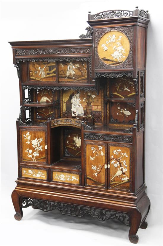 A fine Japanese hardwood and Shibayama style inlaid cabinet (shodana), Meiji period, W.4ft 9in. D.1ft 3in. H.7ft